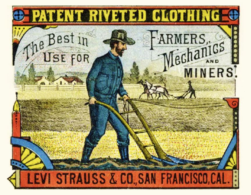 A colorful 19th-century advertising label for Levi Strauss and Co. patent riveted clothing showing a farmer plowing a field