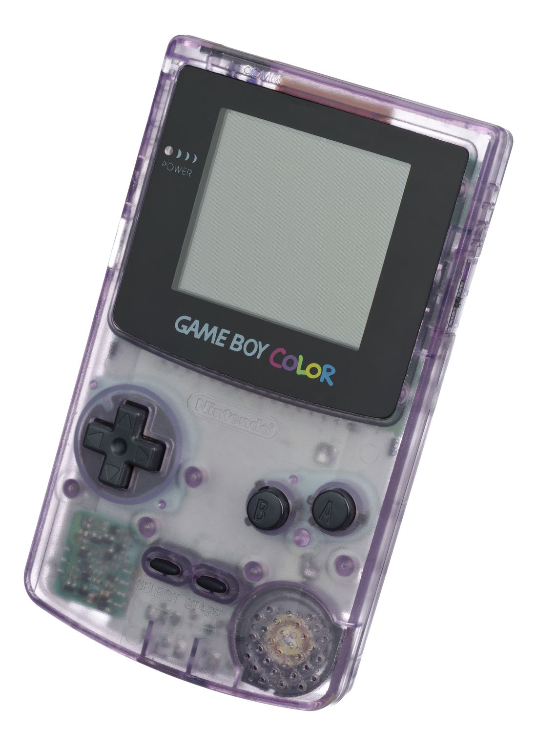 A see-through purple Game Boy Color handheld showing its circuit board through the case
