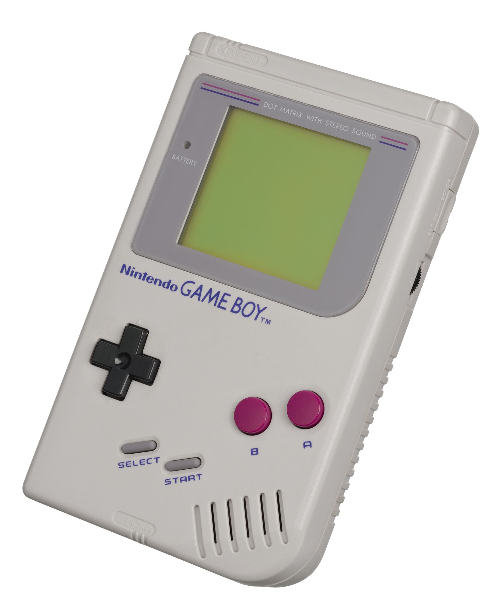 An original gray Nintendo Game Boy handheld with its green-tinted screen, black directional pad and two magenta buttons