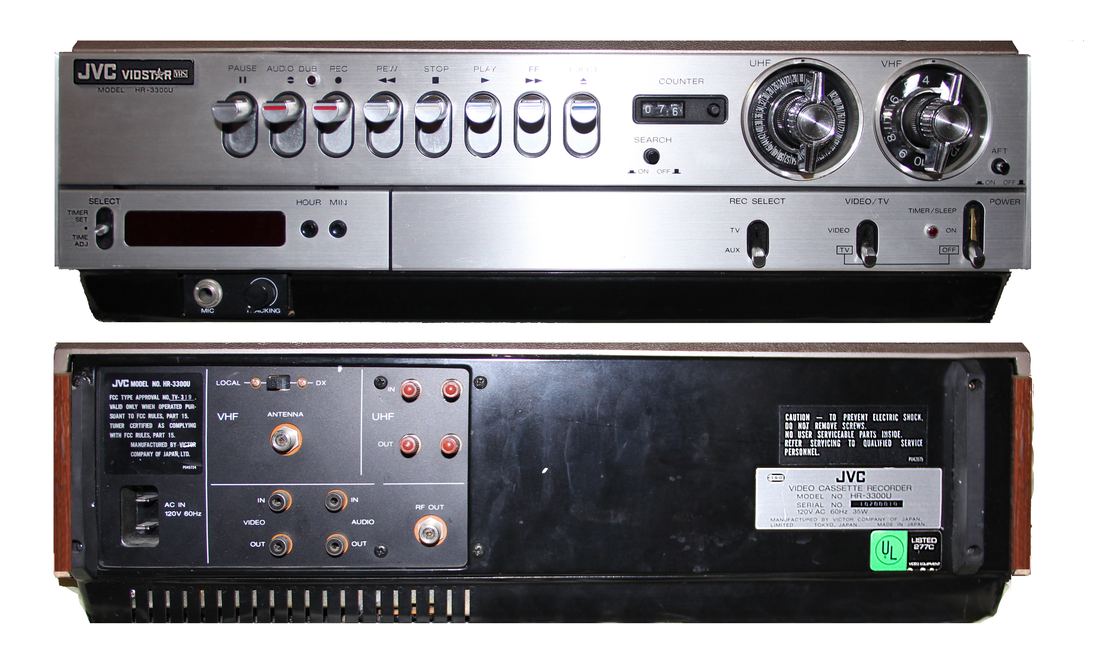 Front and back views of a JVC HR-3300U video cassette recorder with silver piano-key buttons and wood-grain trim